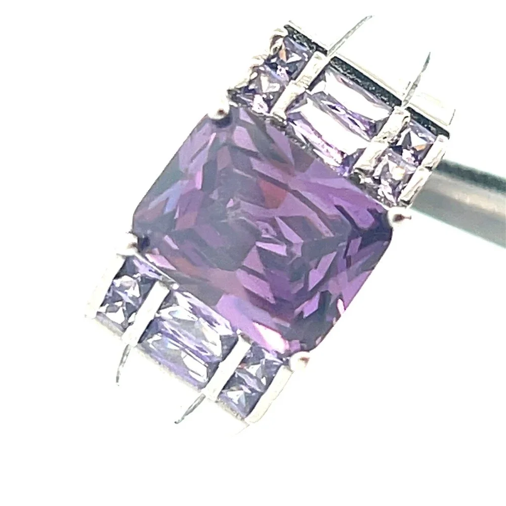Estate Silver Tone Emerald Cut Purple Cubic Zirconia Statement Cocktail Ring